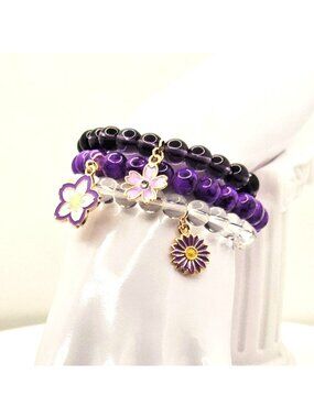 Purple Flower Bracelet Set, Floral Charm Bracelet Stack, Lavender Jewelry Gift
